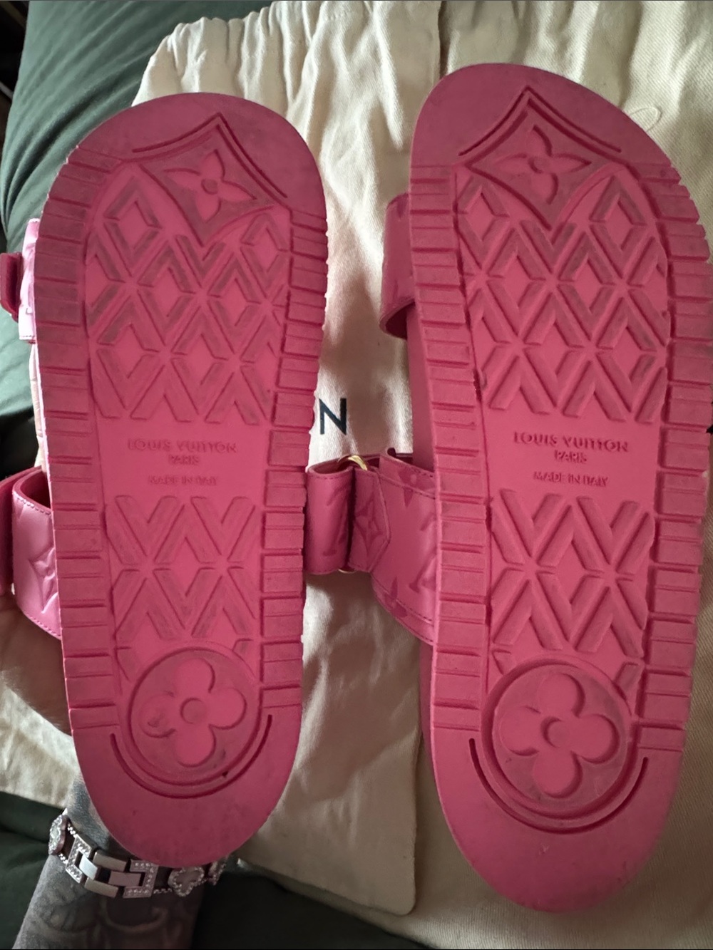 LV Calfskin Monogram Embossed Bom Dia Flat Mule Sandals - Picture 6 of 8